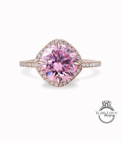 Kite Cushion Halo Engagement Ring Pink Moissanite & Diamond Round cut ring Art Deco gold vintage Ring antique wedding bridal promise ring Wan Love Designs