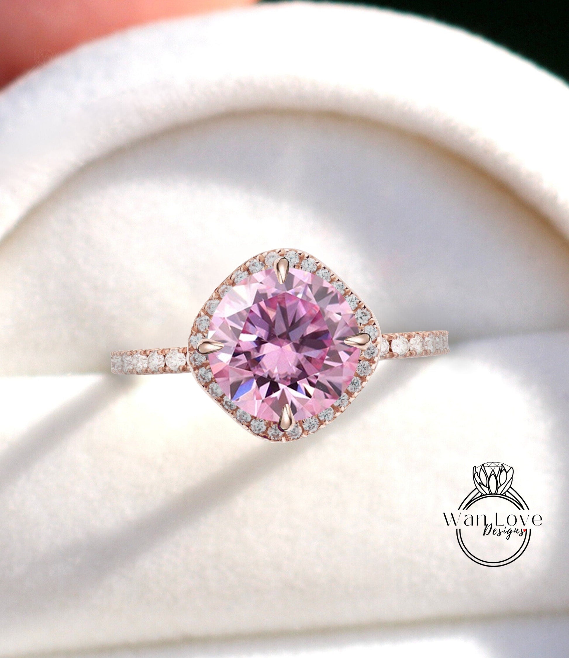 Kite Cushion Halo Engagement Ring Pink Moissanite & Diamond Round cut ring Art Deco gold vintage Ring antique wedding bridal promise ring Wan Love Designs