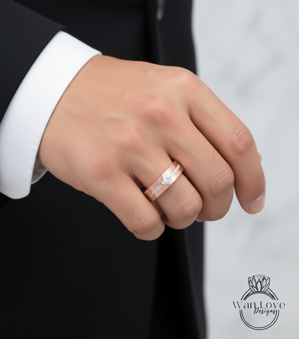 Diamond Mens Wedding Band, Princess Cut kite Set Diamonds Mens Wedding Band, Solid Gold 10k/14k/18k Wedding Ring, Mens Birthstone Ring
