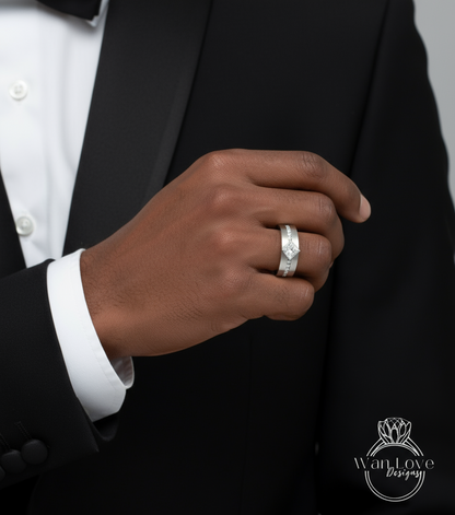 Diamond Mens Wedding Band, Princess Cut kite Set Diamonds Mens Wedding Band, Solid Gold 10k/14k/18k Wedding Ring, Mens Birthstone Ring