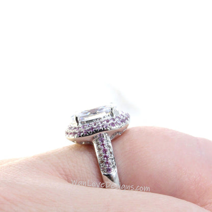 Lab Diamond White & Pink Sapphire Pave 2 Double Halo 3 Row Band Engagement Ring 3ct Oval pave white pink sapphire Anniversary Gift-Ready Wan Love Designs