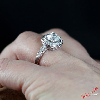 Lab & Natural Diamond Cushion Halo Ring CZ Cubic Zirconia Antique Filigree Engagement Ring 2ct 7mm Wedding Anniversary Gift Ready to ship Wan Love Designs