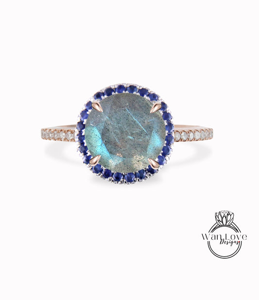 Labradorite Blue Sapphire & Diamond Round Halo Engagement Ring, Custom, Wedding,Anniversary Gift, 14k 18k White Rose Yellow Gold, Platinum Wan Love Designs