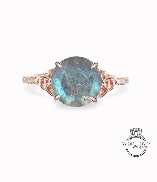Labradorite Diamond Celtic Knot Round Engagement Ring, Custom,Wedding,14k 18k White Yellow Rose Gold,Platinum,Anniversary Gift Wan Love Designs