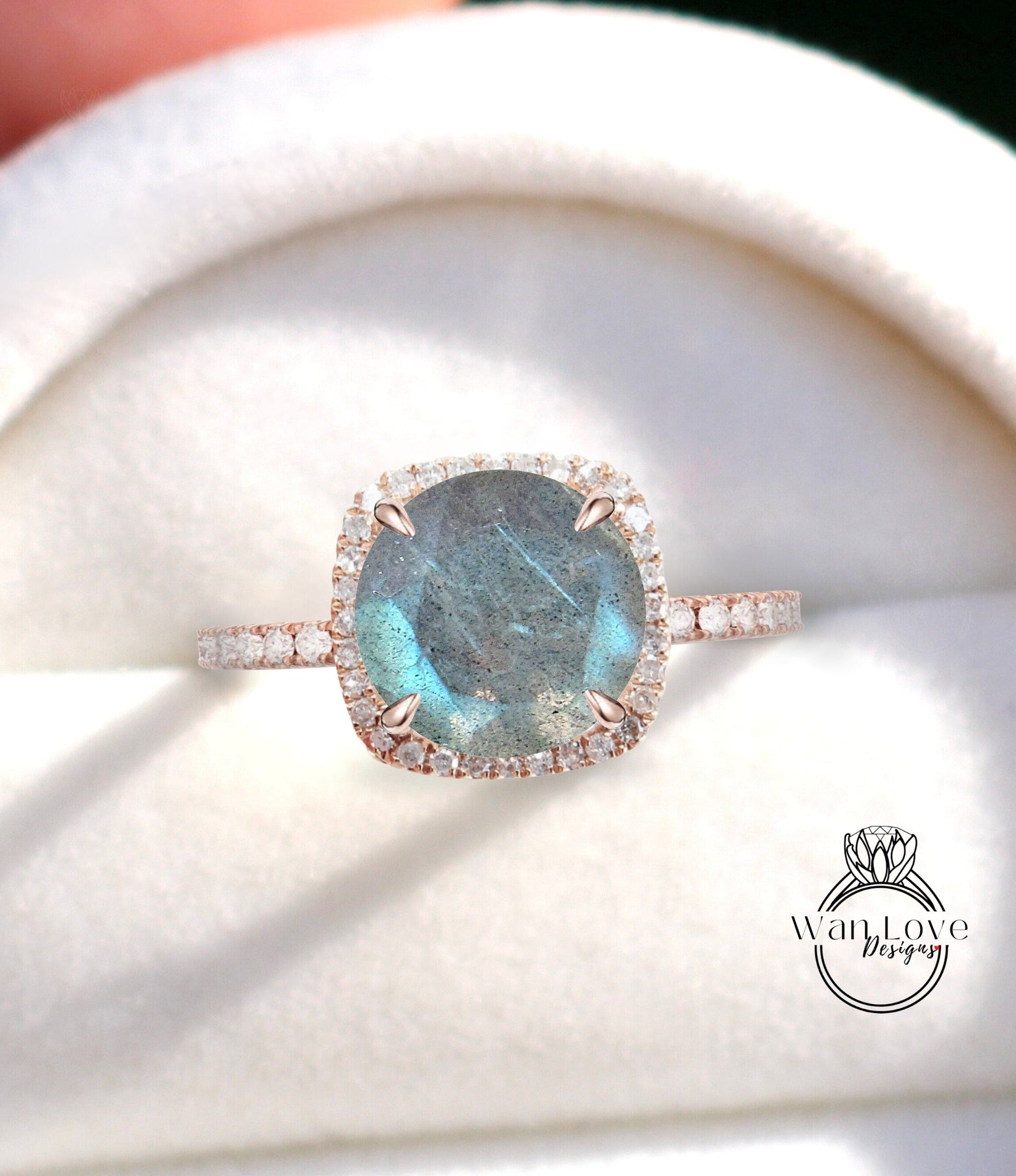 Labradorite & Diamond Cushion Halo Engagement Ring, Custom, Wedding, Anniversary Gift, Basket, Commitment, Proposal,Promise,Bridal Wan Love Designs