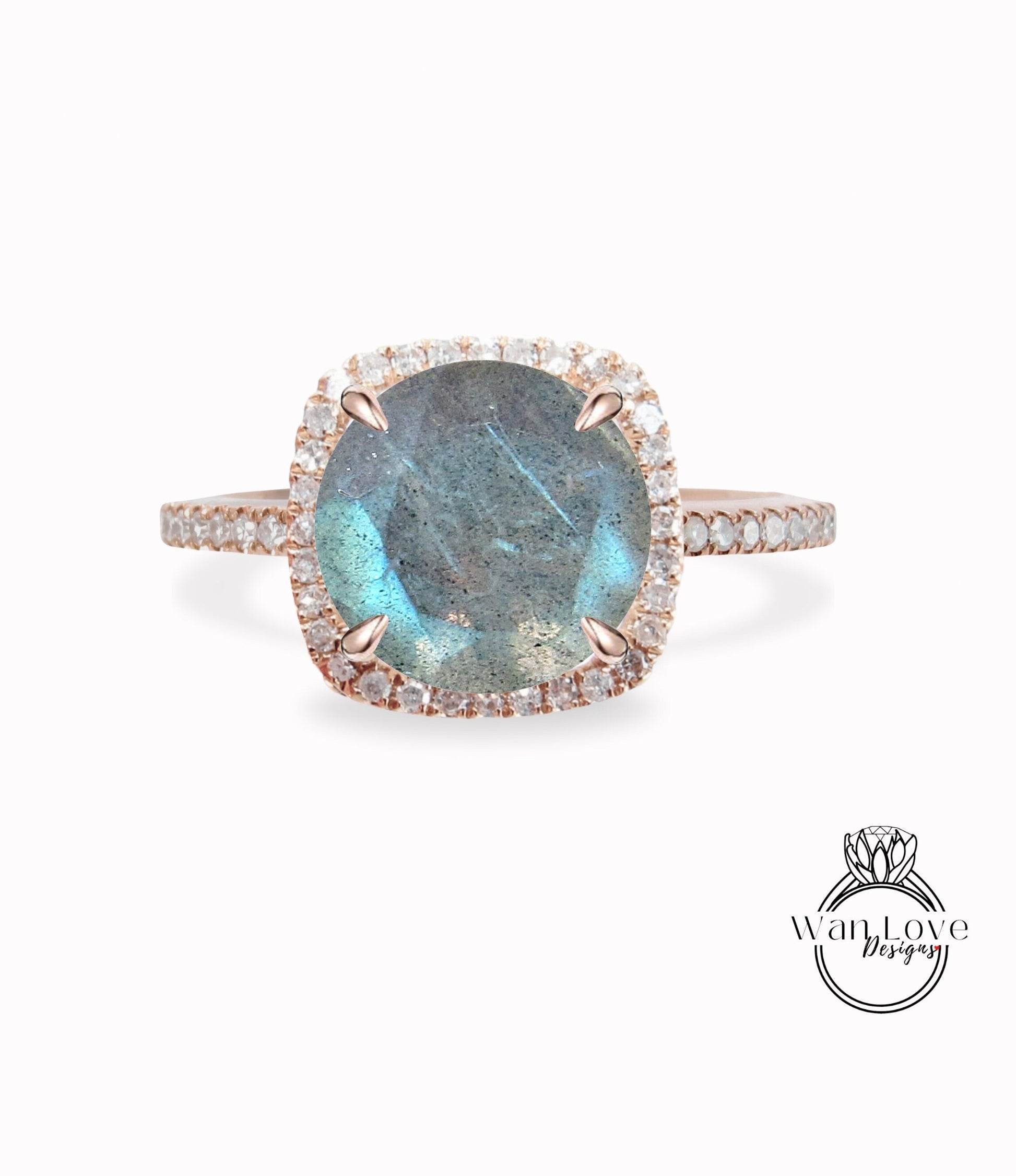 Labradorite & Diamond Cushion Halo Engagement Ring, Custom, Wedding, Anniversary Gift, Basket, Commitment, Proposal,Promise,Bridal Wan Love Designs