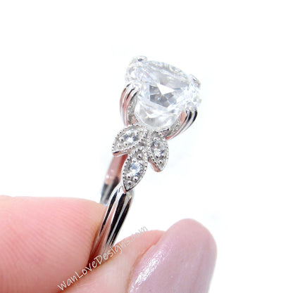 Labradorite Diamond Milgrain Leaf Engagement Ring, Nature Antique Vintage style Round, Custom Wedding, 14k 18k Gold, Platinum,WanLoveDesigns Wan Love Designs