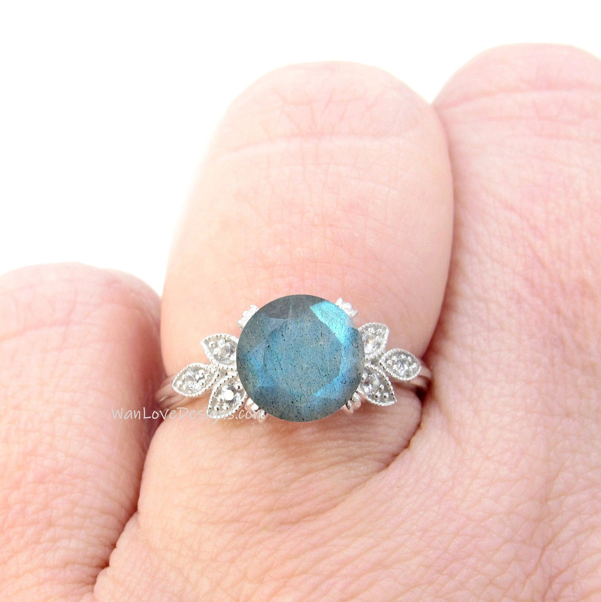 Labradorite Diamond Milgrain Leaf Engagement Ring, Nature Antique Vintage style Round, Custom Wedding, 14k 18k Gold, Platinum,WanLoveDesigns Wan Love Designs