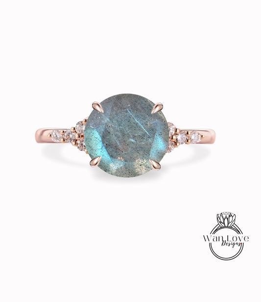 Labradorite & Diamond Round Cluster 3 gemstone thin dainty Engagement Ring, Custom, 14k 18k Gold, Platinum, Wedding, WanLoveDesigns Wan Love Designs