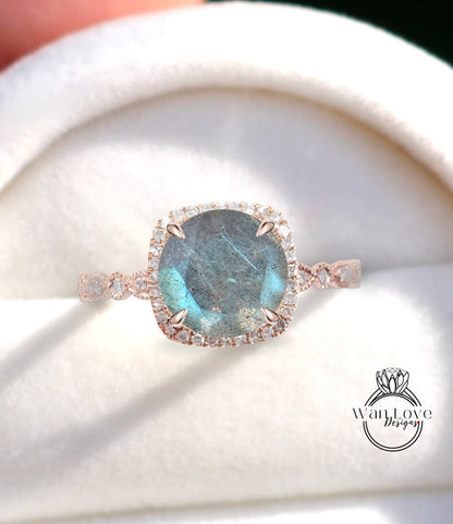 Labradorite Engagement Ring, Cushion Halo Diamond Labradorite Ring, Labradorite Engagement Diamond Ring, Milgrain Leaf Scalloped Band Wan Love Designs