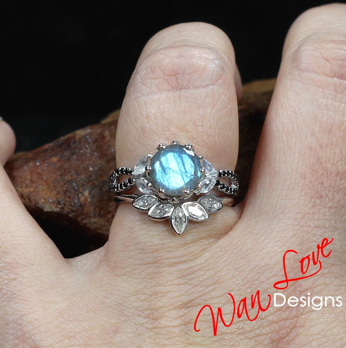 Labradorite Lotus Flower Marquise Leaf Split Shank Engagement Ring Set, Moonstone Black Spinel Ring, Matching Bezel Curved Nesting Band Wan Love Designs