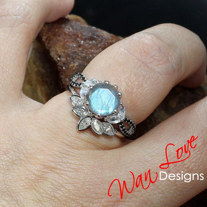 Labradorite Lotus Flower Marquise Leaf Split Shank Engagement Ring Set, Moonstone Black Spinel Ring, Matching Bezel Curved Nesting Band Wan Love Designs