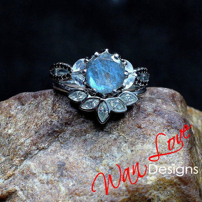 Labradorite Lotus Flower Marquise Leaf Split Shank Engagement Ring Set, Moonstone Black Spinel Ring, Matching Bezel Curved Nesting Band Wan Love Designs