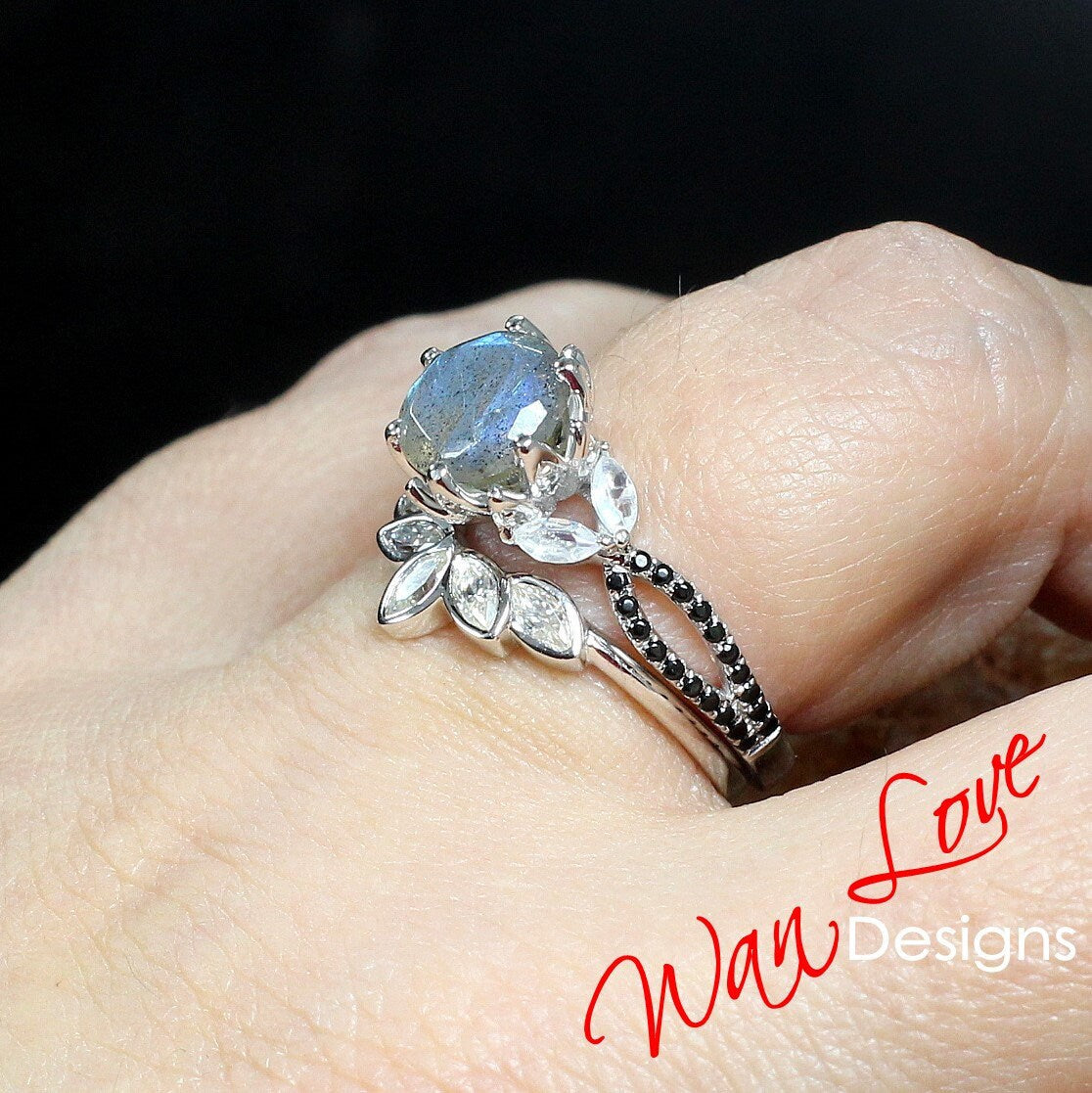 Labradorite Lotus Flower Marquise Leaf Split Shank Engagement Ring Set, Moonstone Black Spinel Ring, Matching Bezel Curved Nesting Band Wan Love Designs