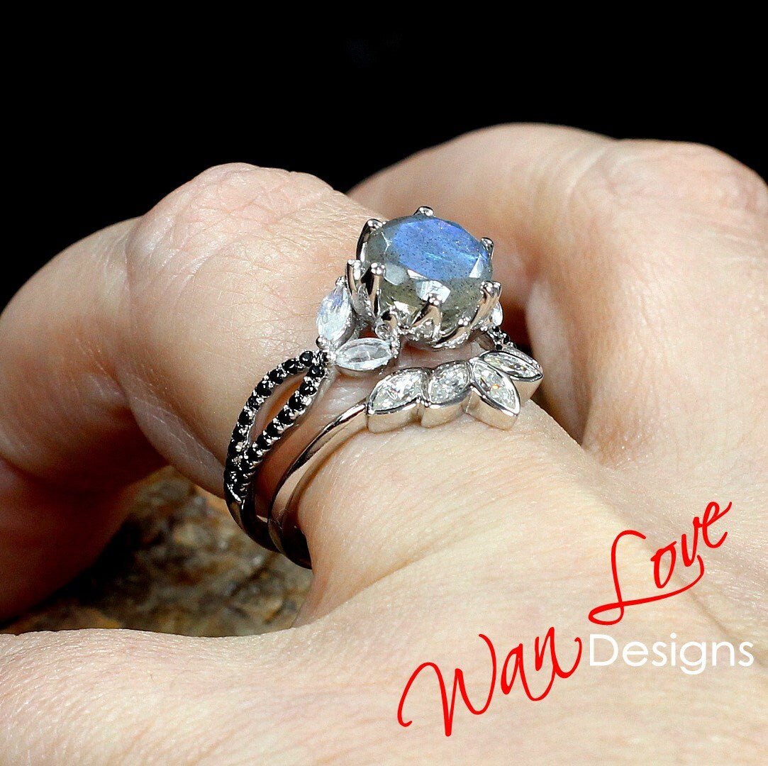 Labradorite Lotus Flower Marquise Leaf Split Shank Engagement Ring Set, Moonstone Black Spinel Ring, Matching Bezel Curved Nesting Band Wan Love Designs