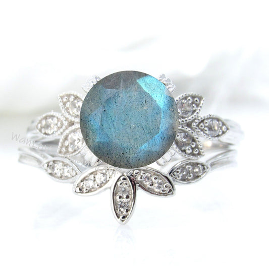 Labradorite engagement ring set white gold Unique Round cut Cluster Diamond milgrain leaf women vintage wedding band Anniversary set Wan Love Designs