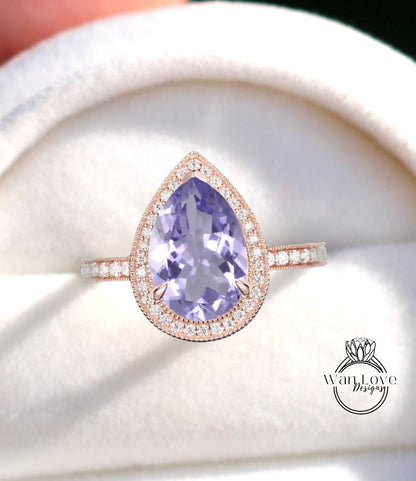Lavender Amethyst Diamond 14kt Gold Diamond Art Deco Unique Pear Halo Milgrain Ring vintage wedding Bridal Anniversary ring solid gold Wan Love Designs