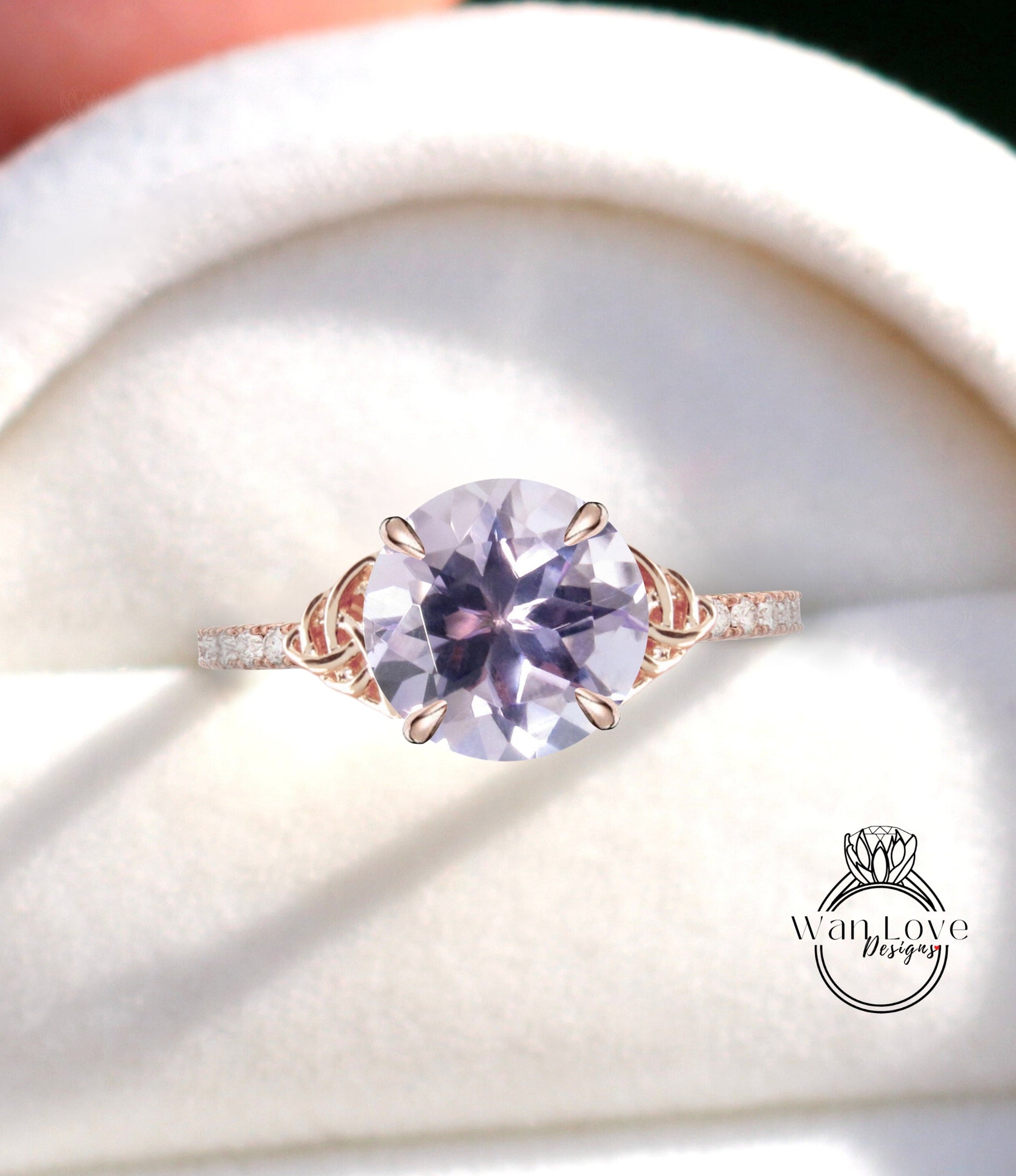 Lavender Amethyst Diamond Celtic Knot Engagement Ring, Round, Custom, Wedding,Anniversary Gift,14k 18k White Rose Yellow Gold,Platinum Wan Love Designs