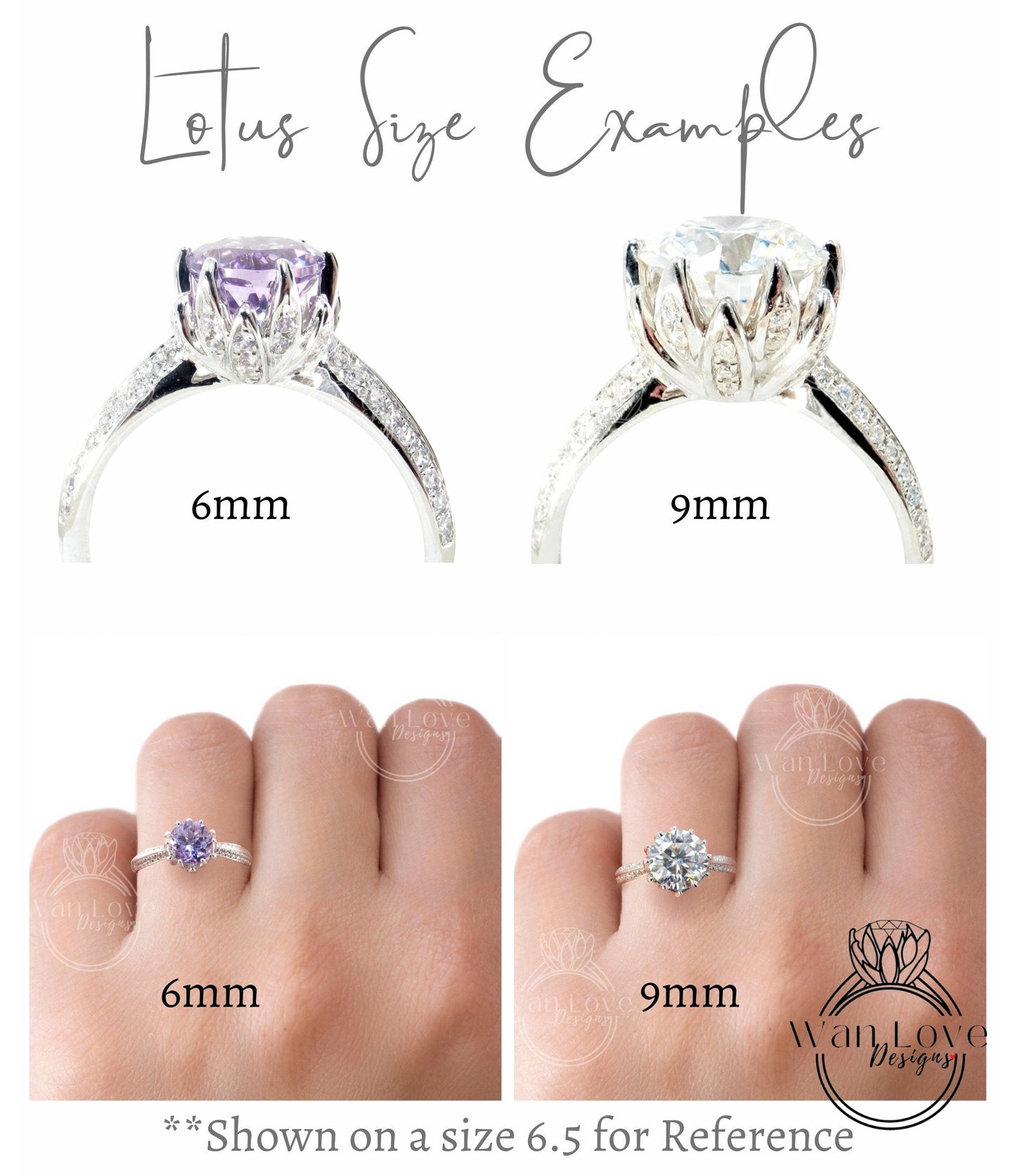 Lavender Amethyst & Diamond Lotus Flower 3 gemstone Engagement Ring, 14k 18k White Yellow Rose Gold-Platinum-Custom-Wedding-Anniversary Wan Love Designs