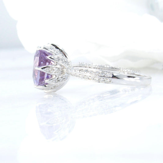 Lavender Amethyst & Diamond Lotus Flower Engagement Ring, 14k 18k White Yellow Rose Gold-Platinum-Custom-Wedding, Anniversary Gift Wan Love Designs