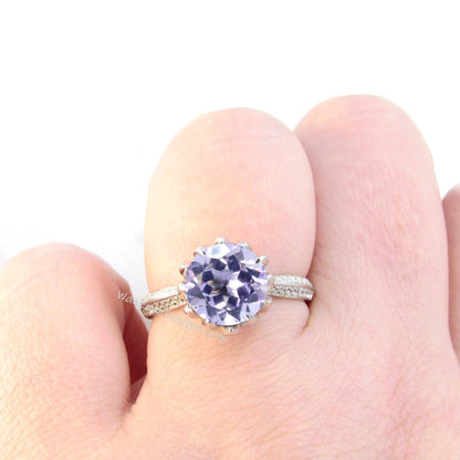 Lavender Amethyst & Diamond Lotus Flower Engagement Ring, 14k 18k White Yellow Rose Gold-Platinum-Custom-Wedding, Anniversary Gift Wan Love Designs
