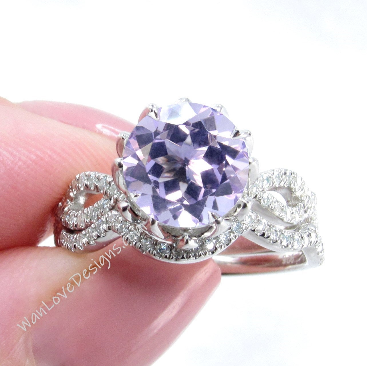 Lavender Amethyst & Diamond Lotus Flower Infinity Twist Engagement Ring Set, Curved Nesting Wedding Band, 14kt 18kt gold-Platinum-Custom Wan Love Designs