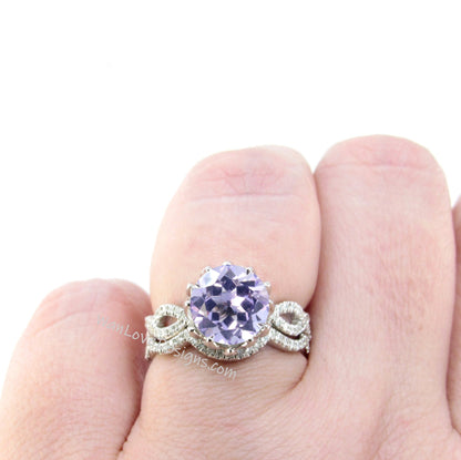 Lavender Amethyst & Diamond Lotus Flower Infinity Twist Engagement Ring Set, Curved Nesting Wedding Band, 14kt 18kt gold-Platinum-Custom Wan Love Designs