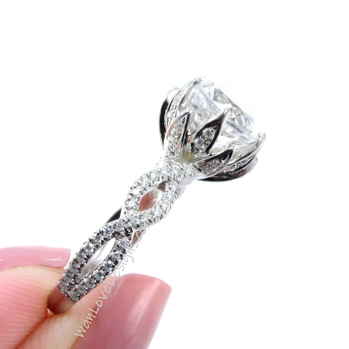 Lavender Amethyst & Diamond Lotus Flower Infinity Twisted Round Engagement Ring, 14kt 18kt Gold-Platinum-Custom-Wedding-Anniversary Wan Love Designs