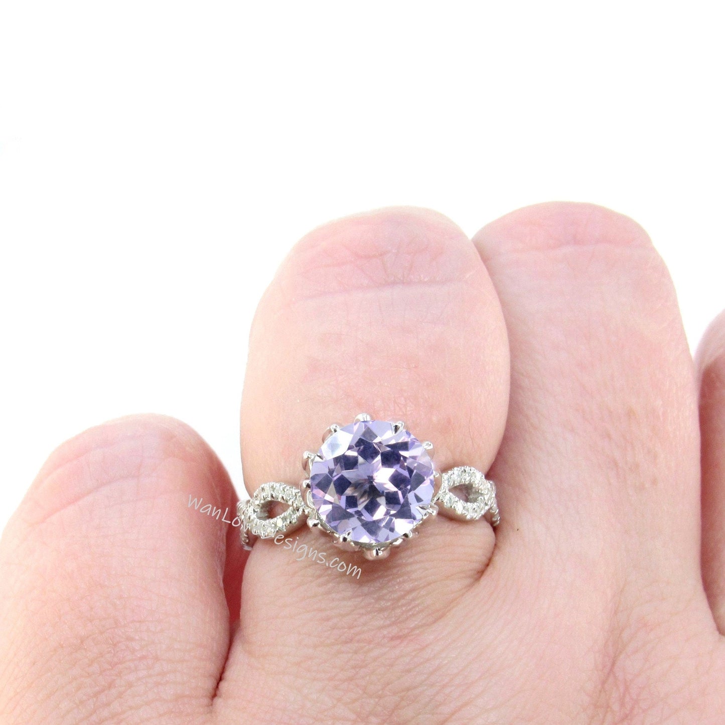 Lavender Amethyst & Diamond Lotus Flower Infinity Twisted Round Engagement Ring, 14kt 18kt Gold-Platinum-Custom-Wedding-Anniversary Wan Love Designs