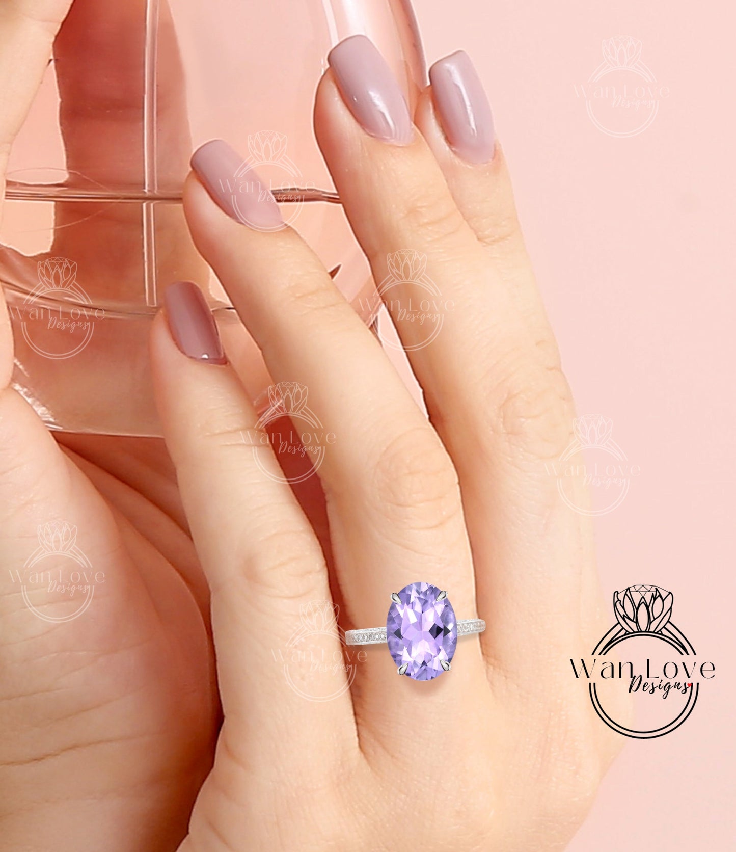 Lavender Amethyst & Diamond Moissanite Oval Celebrity style Engagement Ring, 3 sided band, 14kt 18kt Gold, Platinum, Wedding, Anniversary Wan Love Designs