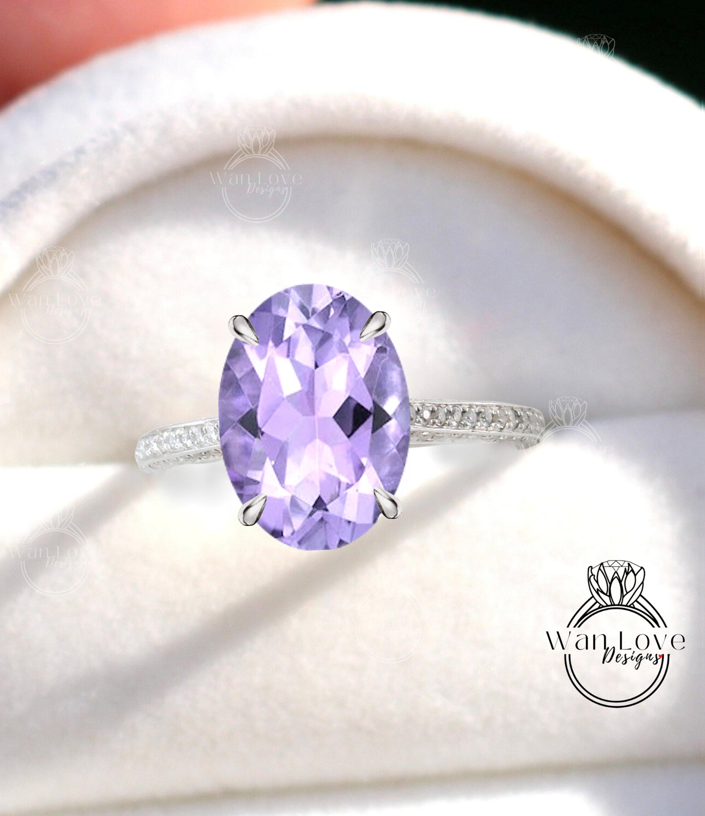 Lavender Amethyst & Diamond Moissanite Oval Celebrity style Engagement Ring, 3 sided band, 14kt 18kt Gold, Platinum, Wedding, Anniversary Wan Love Designs