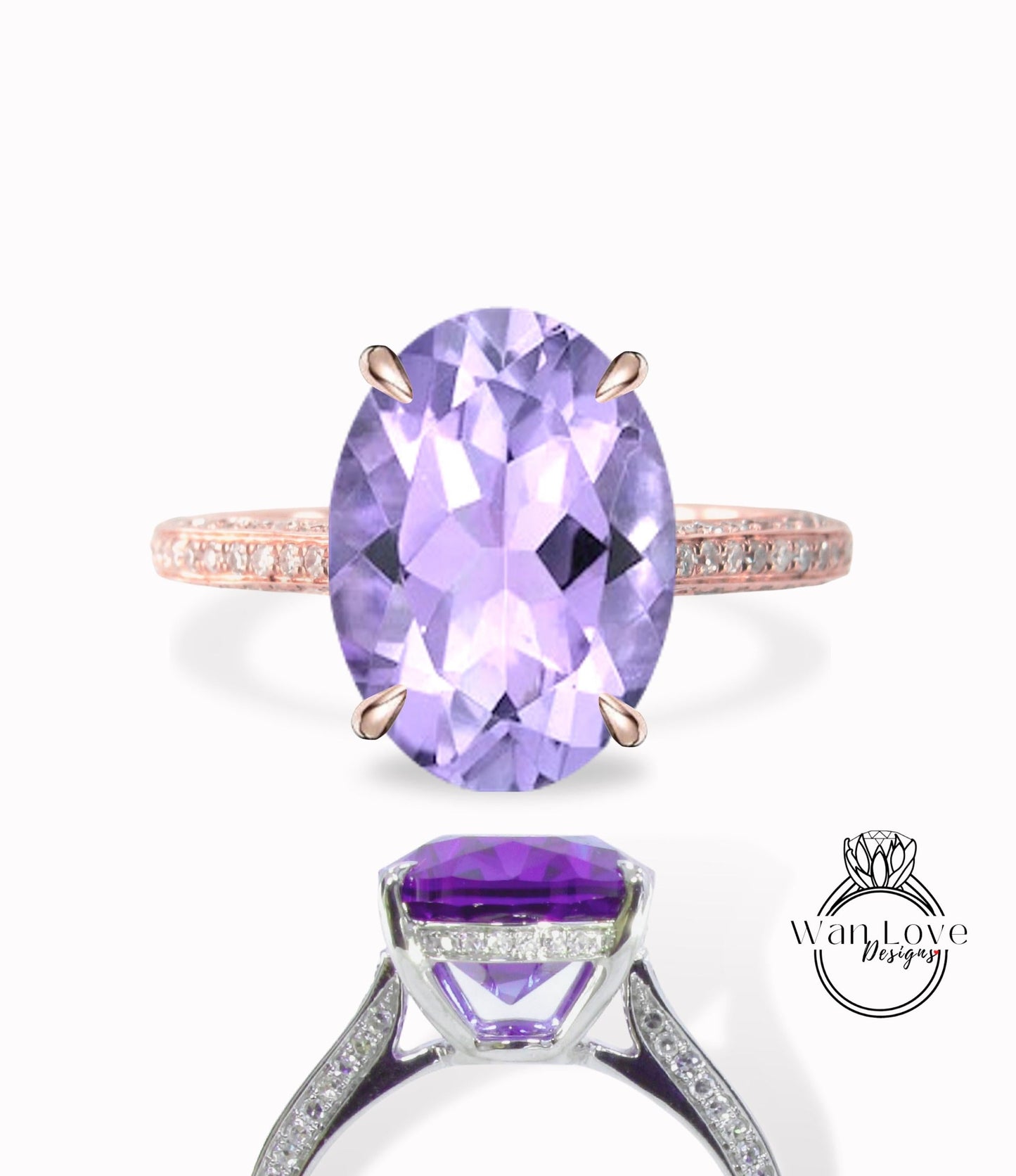 Lavender Amethyst & Diamond Moissanite Oval Celebrity style Engagement Ring, 3 sided band, 14kt 18kt Gold, Platinum, Wedding, Anniversary Wan Love Designs