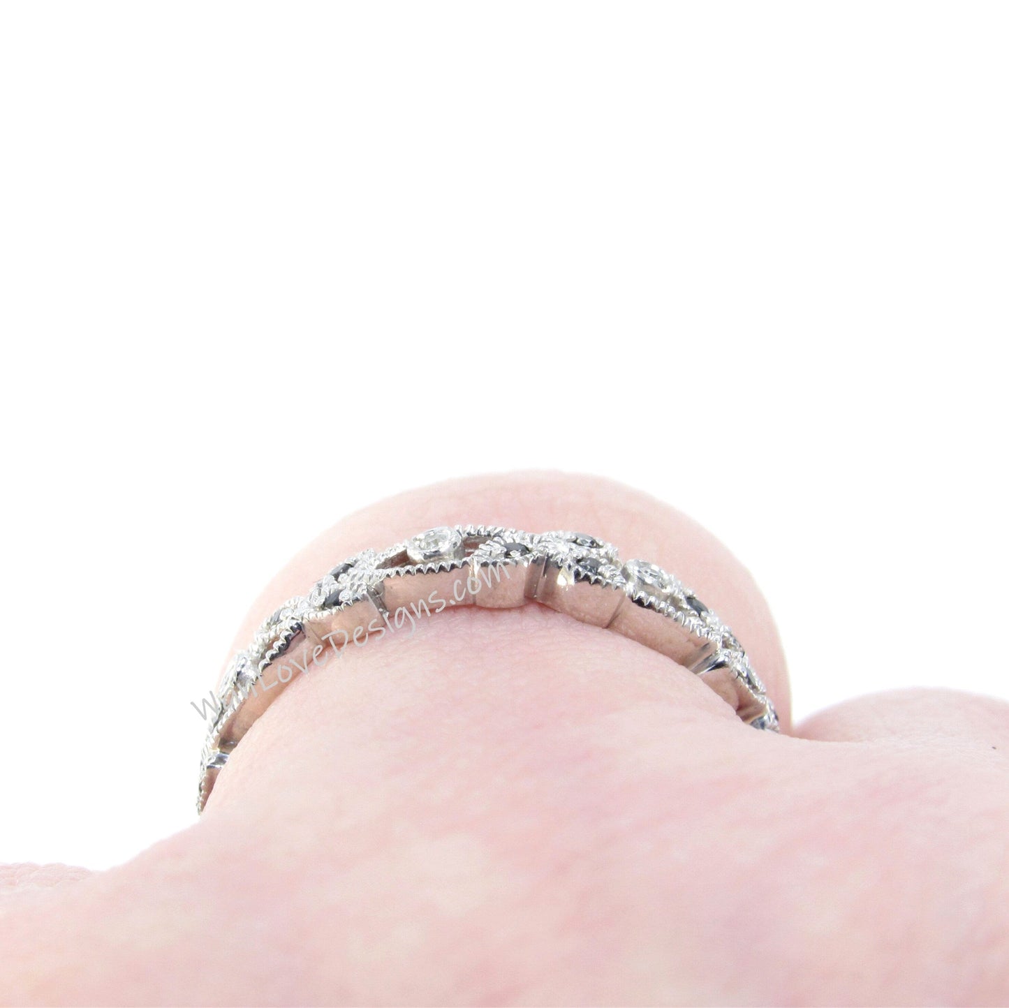Leaf Band, Black White Diamond Leaves Wedding Ring, Floral Vine Ring, 14k 18k White Yellow Rose Gold Platinum Custom Wan Love Designs