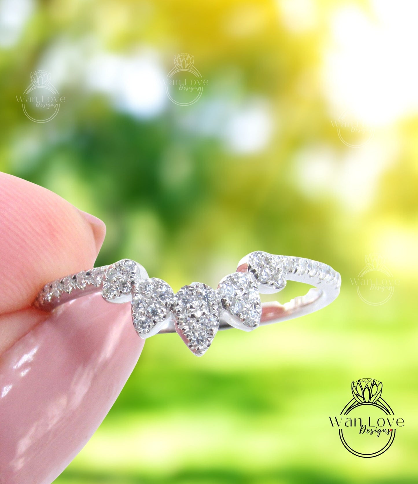 Leaf Pave Curved Nesting Moissanite Diamond Wedding Band Ring Thin Halfway White Gold Custom Engagement Anniversary Pinky, Ready to Ship Wan Love Designs