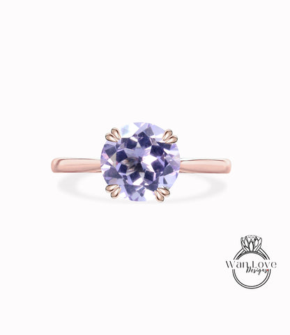 Light Lavender Amethyst 4 Double Prong Solitaire Round Cathedral Engagement Ring, 14k 18k White Yellow Rose Gold-Platinum-Custom Wan Love Designs