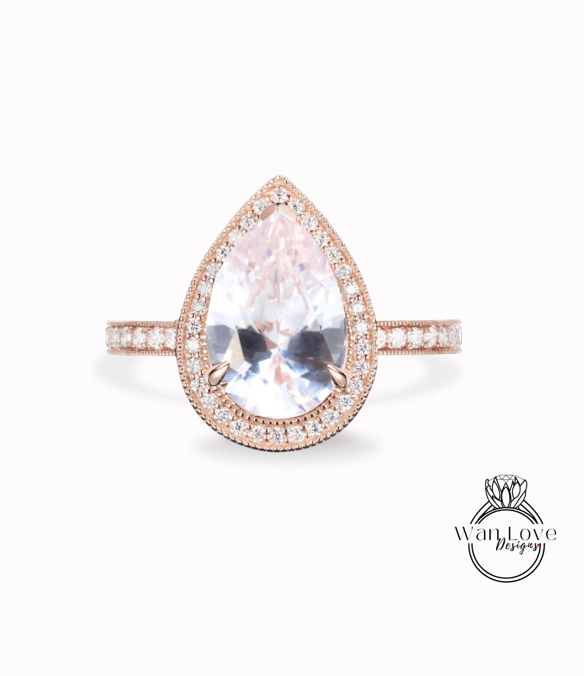 Light Pink Sapphire Diamond 14kt Gold Diamond Art Deco Unique Pear Halo Milgrain Ring vintage wedding Bridal Anniversary ring solid gold Wan Love Designs