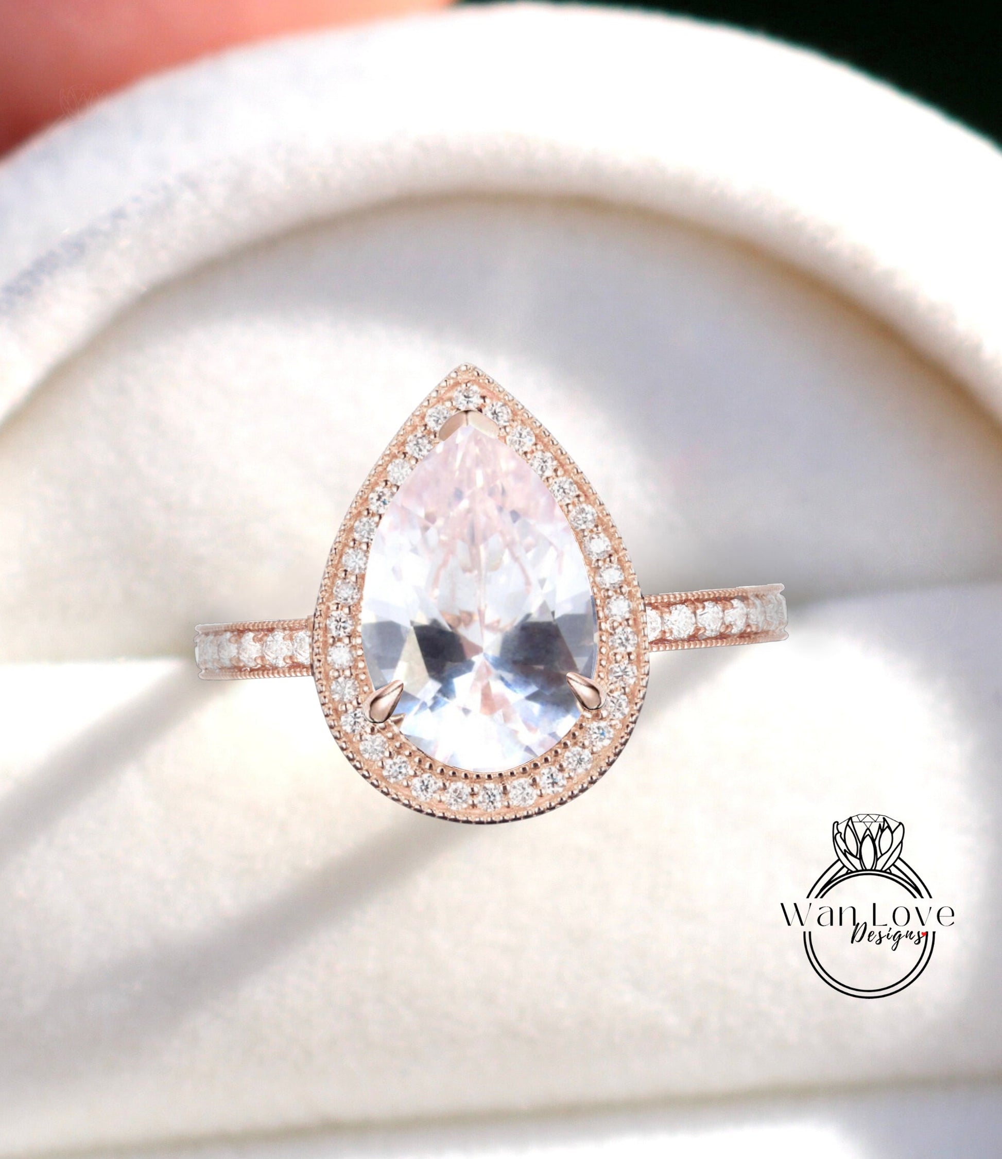 Light Pink Sapphire Diamond 14kt Gold Diamond Art Deco Unique Pear Halo Milgrain Ring vintage wedding Bridal Anniversary ring solid gold Wan Love Designs