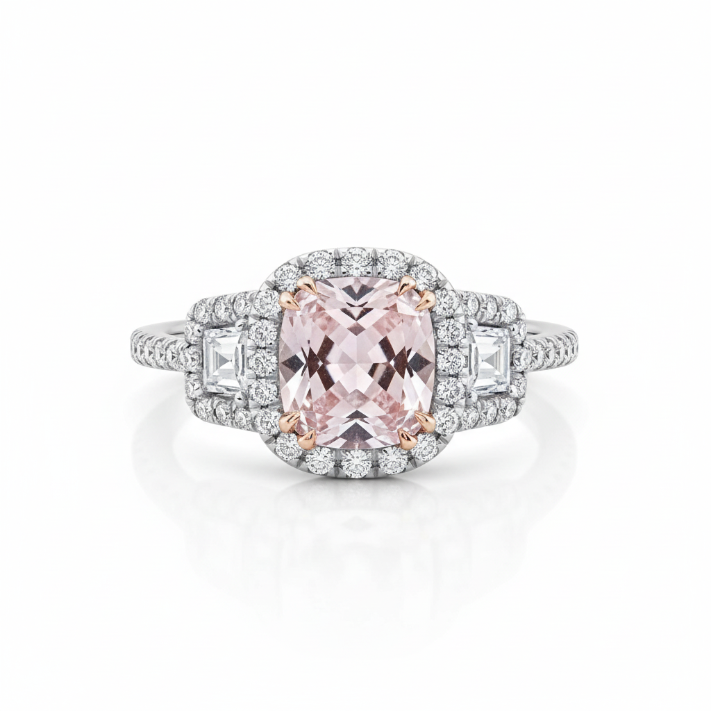Anello di fidanzamento trapezoidale con cuscino di diamanti e zaffiri rosa chiaro Anello nuziale personalizzato, regalo per l'anniversario della donna