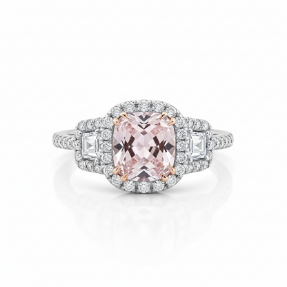 Anello di fidanzamento trapezoidale con cuscino di diamanti e zaffiri rosa chiaro Anello nuziale personalizzato, regalo per l'anniversario della donna