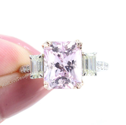 Light Pink Sapphire & Diamond Emerald Baguette 3 gem stone Engagement Ring 4ct 10x8mm 14k White Yellow Rose Gold Platinum Custom Wedding Wan Love Designs