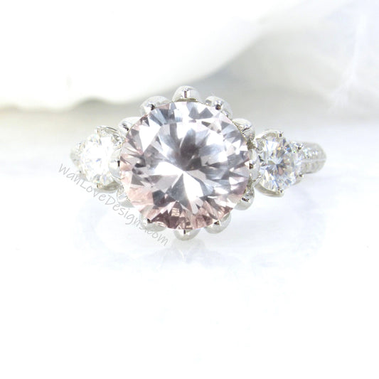 Light Pink Sapphire & Diamond Lotus Flower 3 gemstone Engagement Ring, 14k 18k White Yellow Rose Gold-Platinum-Custom Wan Love Designs