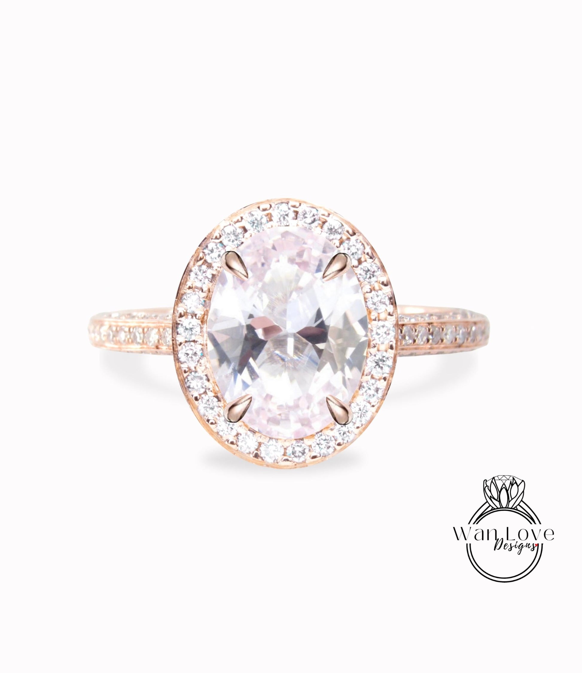 Light Pink Sapphire & Diamond Oval Halo 3 sided Engagement Ring, 14k 18k White Yellow Rose Gold, Platinum, Wedding, Anniversary Gift Wan Love Designs