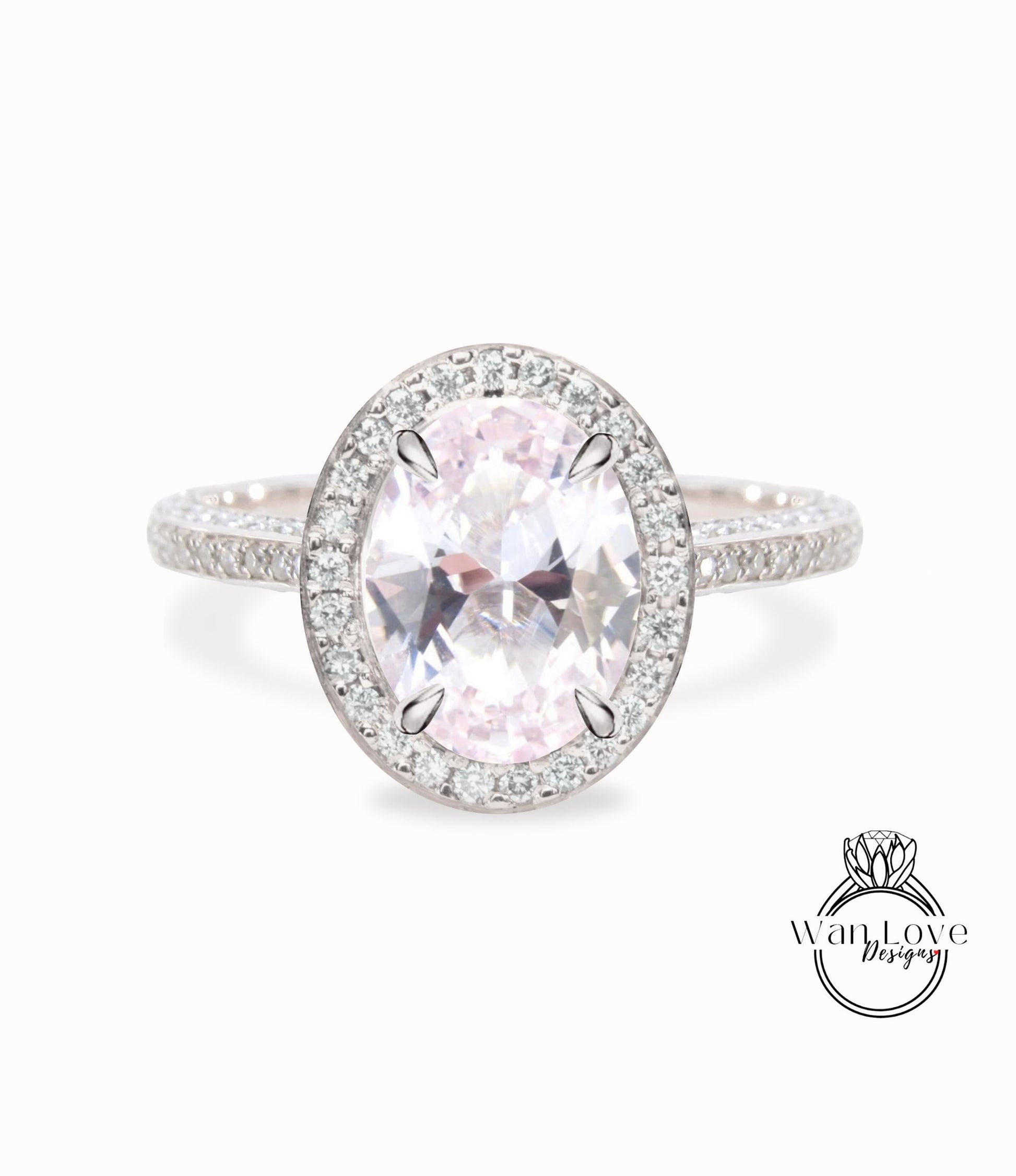 Light Pink Sapphire & Diamond Oval Halo 3 sided Engagement Ring, 14k 18k White Yellow Rose Gold, Platinum, Wedding, Anniversary Gift Wan Love Designs