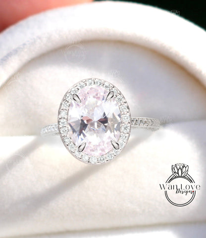 Light Pink Sapphire & Diamond Oval Halo 3 sided Engagement Ring, 14k 18k White Yellow Rose Gold, Platinum, Wedding, Anniversary Gift Wan Love Designs