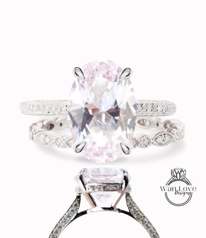 Light Pink Sapphire & Diamond Oval Side Halo Engagement Ring Set Eternity Wedding Band Celebrity Style Ring set Custom WanLoveDesigns Wan Love Designs