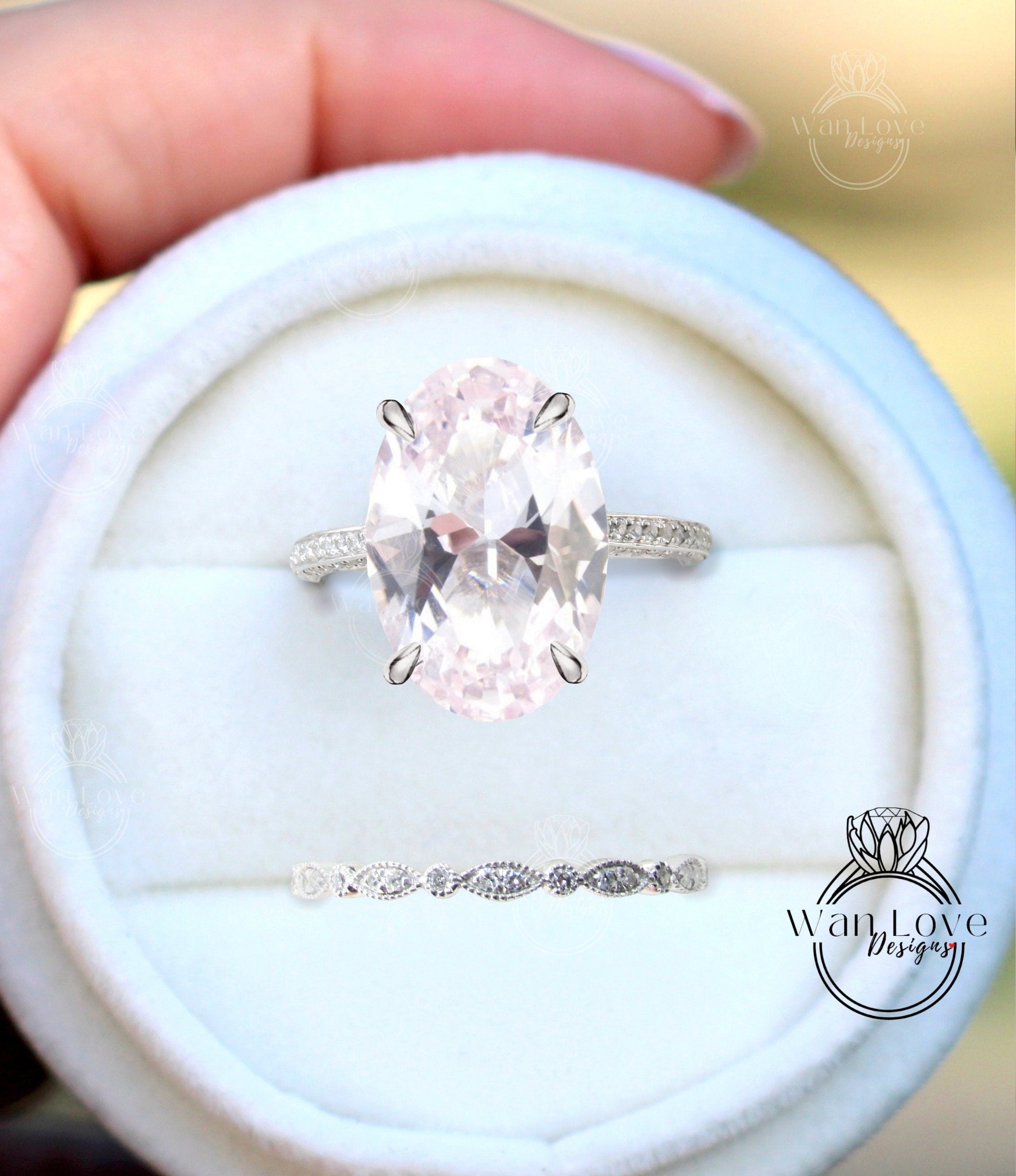 Light Pink Sapphire & Diamond Oval Side Halo Engagement Ring Set Eternity Wedding Band Celebrity Style Ring set Custom WanLoveDesigns Wan Love Designs