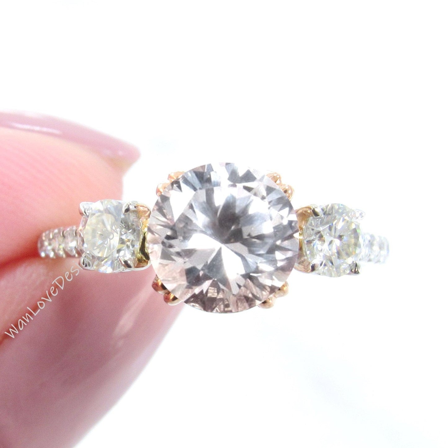 Light Pink Sapphire Diamond Ring, Three Stone Moissanite Ring, Round pink engagement Ring, Diamond Band Ring Wan Love Designs