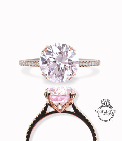 Light Pink Sapphire & Diamond Round 3 triple fishtail prongs Engagement Ring, 14k 18k White Yellow Rose Gold-Platinum-Custom-Wedding Wan Love Designs