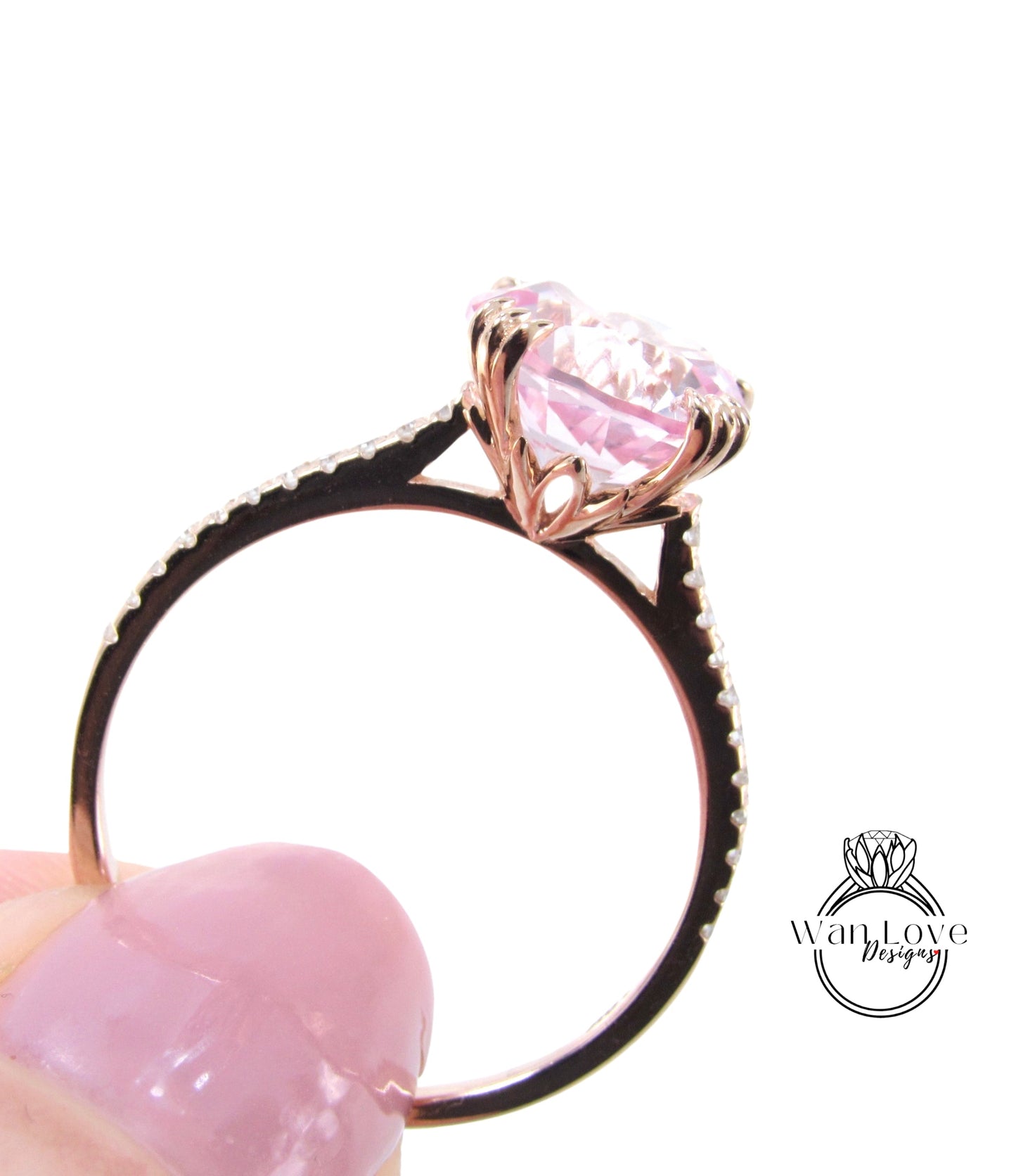 Light Pink Sapphire & Diamond Round 3 triple fishtail prongs Engagement Ring, 14k 18k White Yellow Rose Gold-Platinum-Custom-Wedding Wan Love Designs