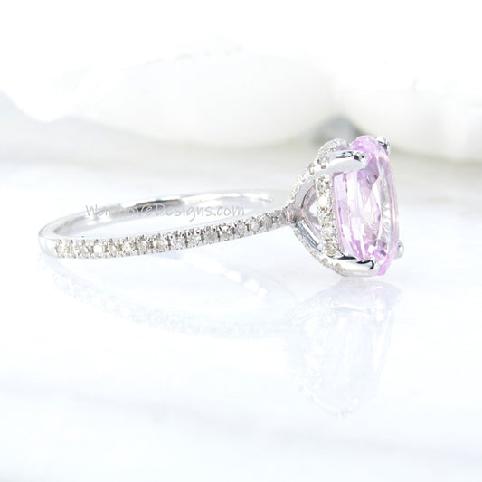 Light Pink Sapphire & Diamond Side Halo Oval Engagement Ring, Basket prongs, 3.5ct 10x7mm, White Gold Custom Wedding-Ready to Ship Wan Love Designs